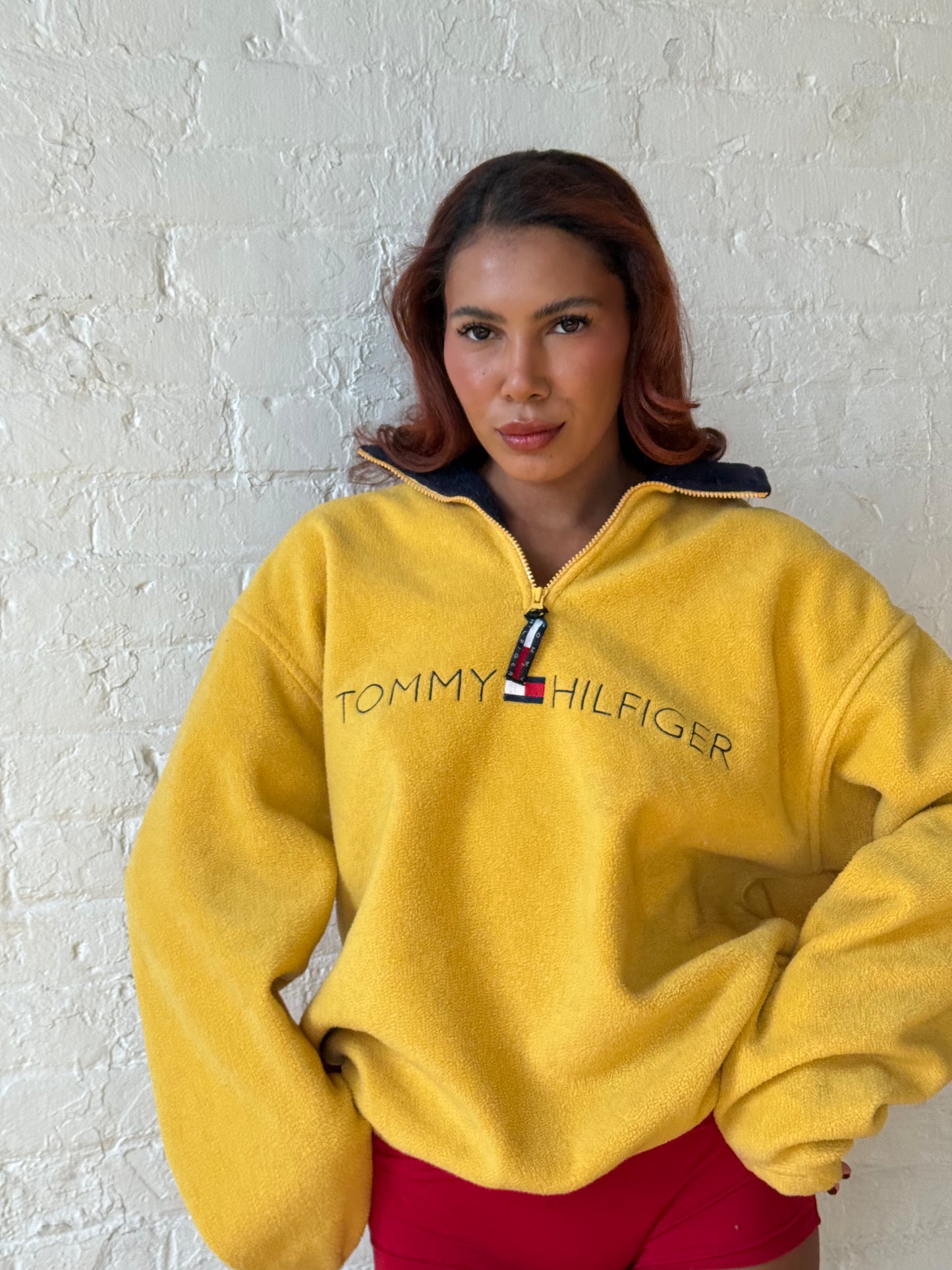 1990s Tommy Hilfiger Yellow Quarter Zip Fleece - Oversized Logo Pullover