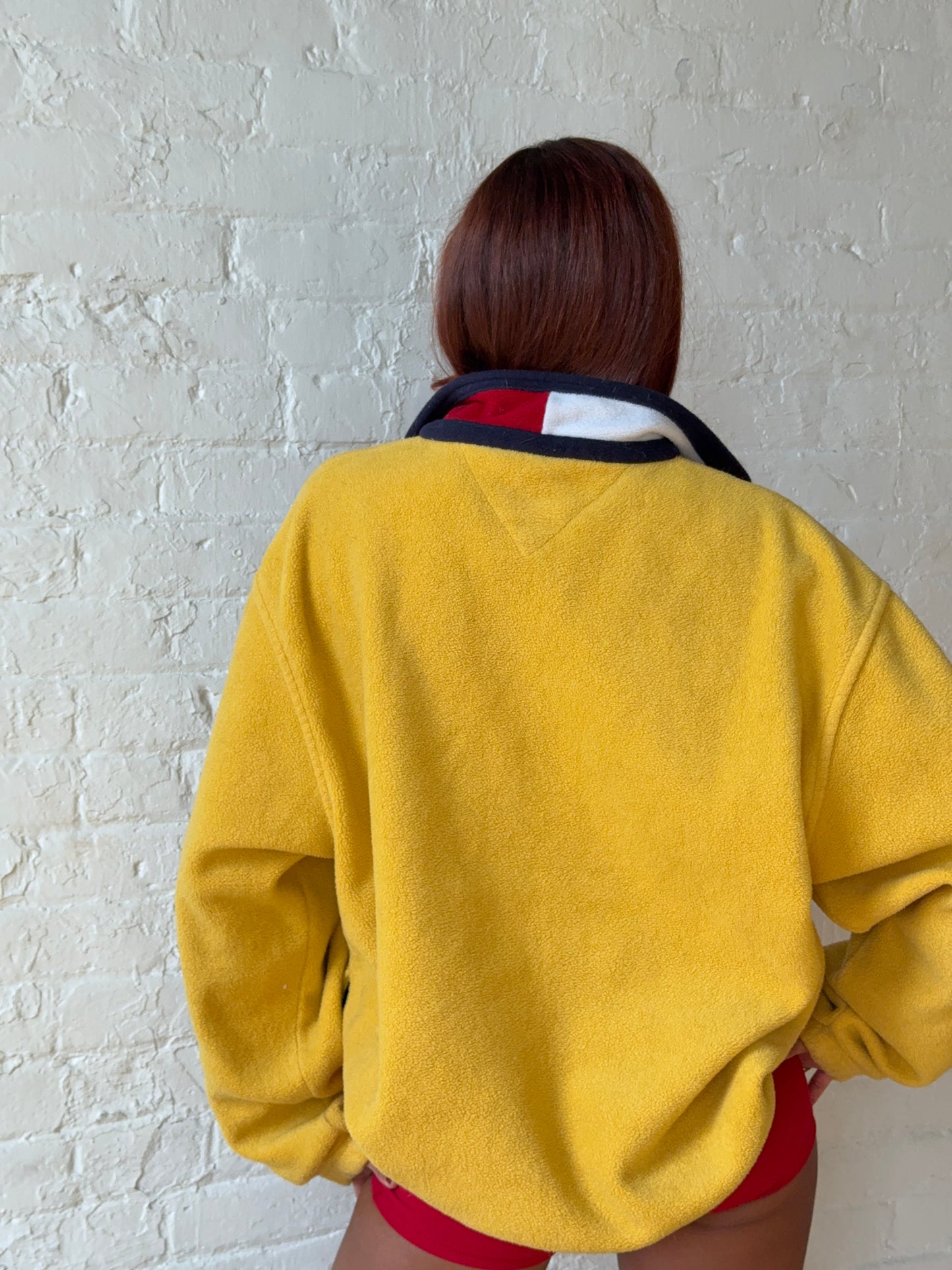 1990s Tommy Hilfiger Yellow Quarter Zip Fleece - Oversized Logo Pullover