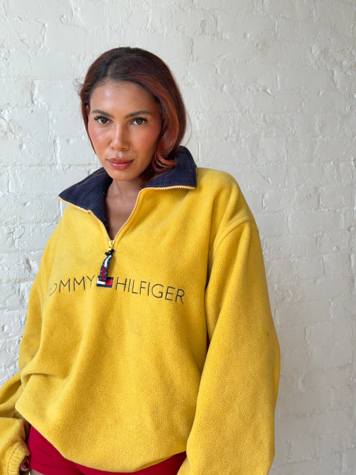 1990s Tommy Hilfiger Yellow Quarter Zip Fleece - Oversized Logo Pullover