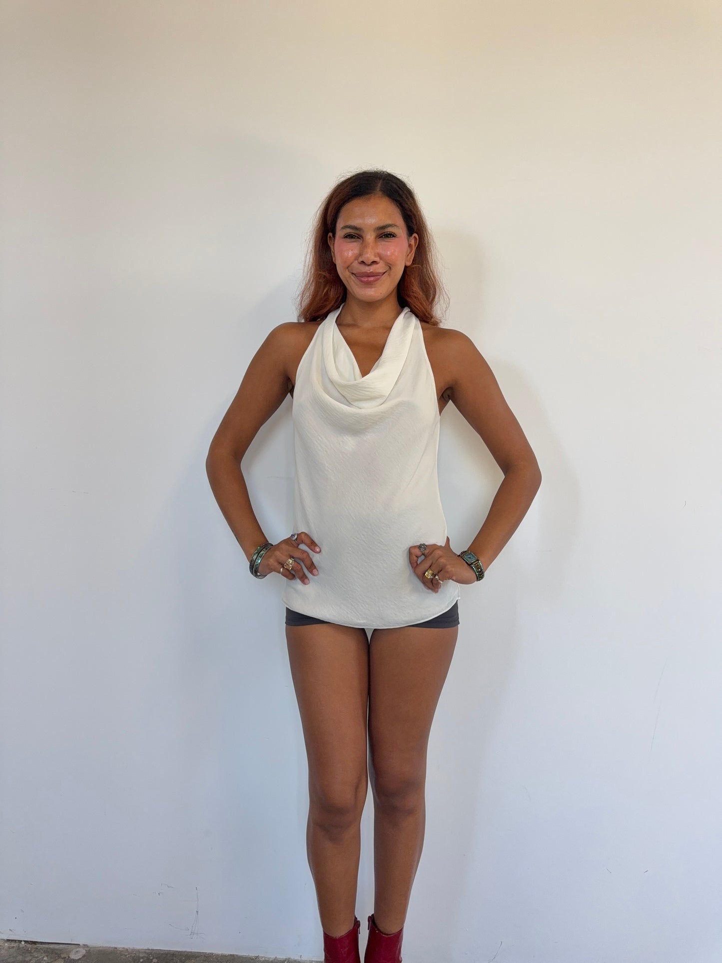Ivory Draped Cowl Neck Blouse