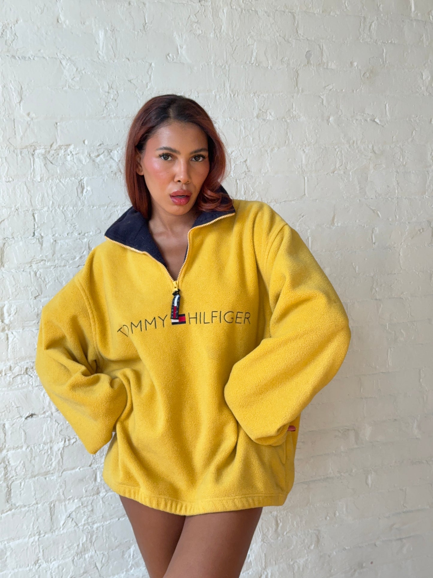 1990s Tommy Hilfiger Yellow Quarter Zip Fleece - Oversized Logo Pullover