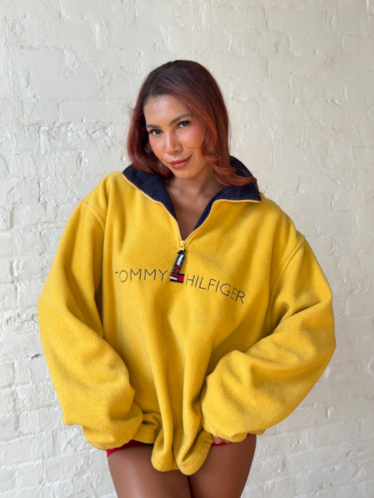 1990s Tommy Hilfiger Yellow Quarter Zip Fleece - Oversized Logo Pullover