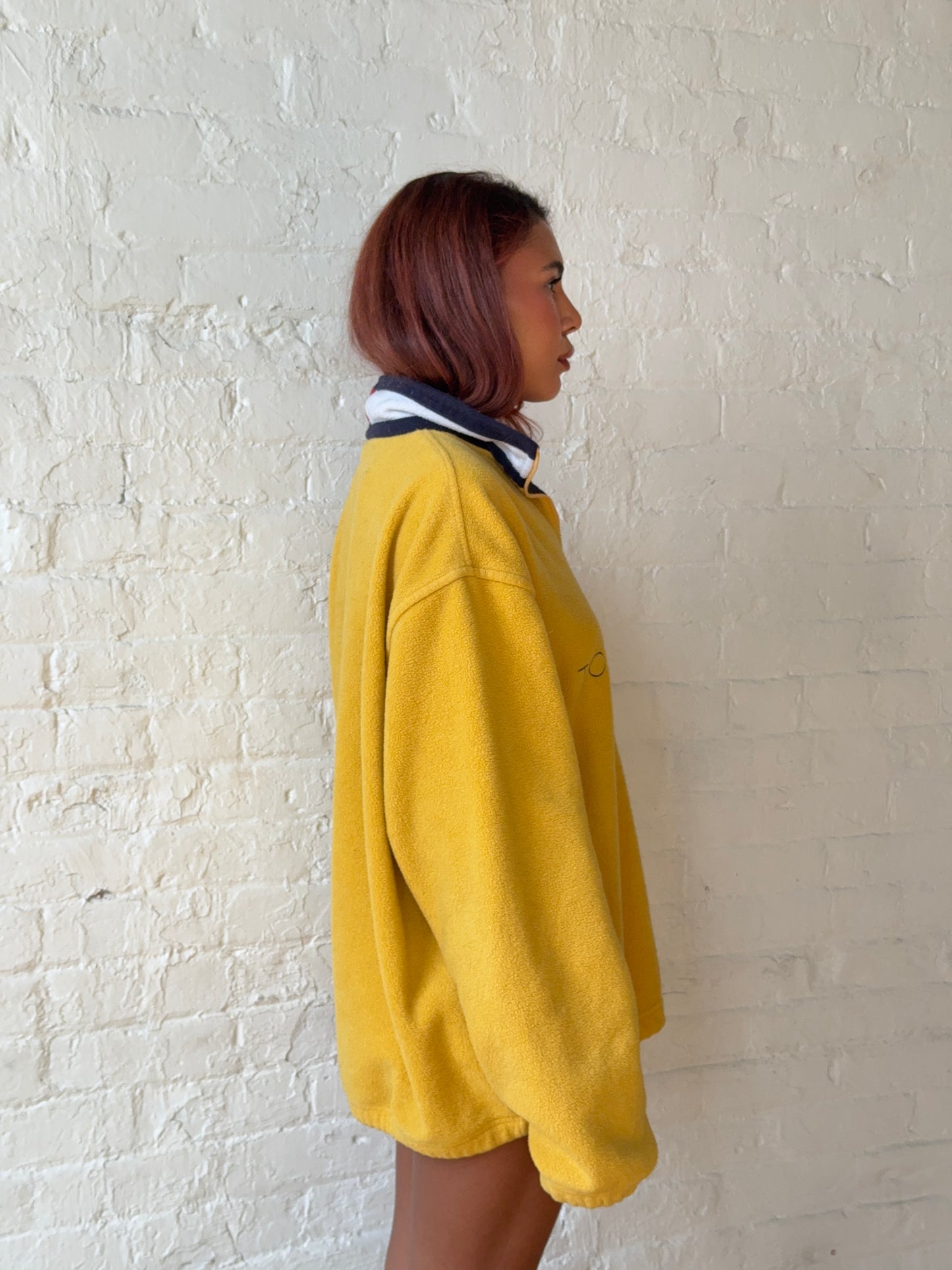 1990s Tommy Hilfiger Yellow Quarter Zip Fleece - Oversized Logo Pullover