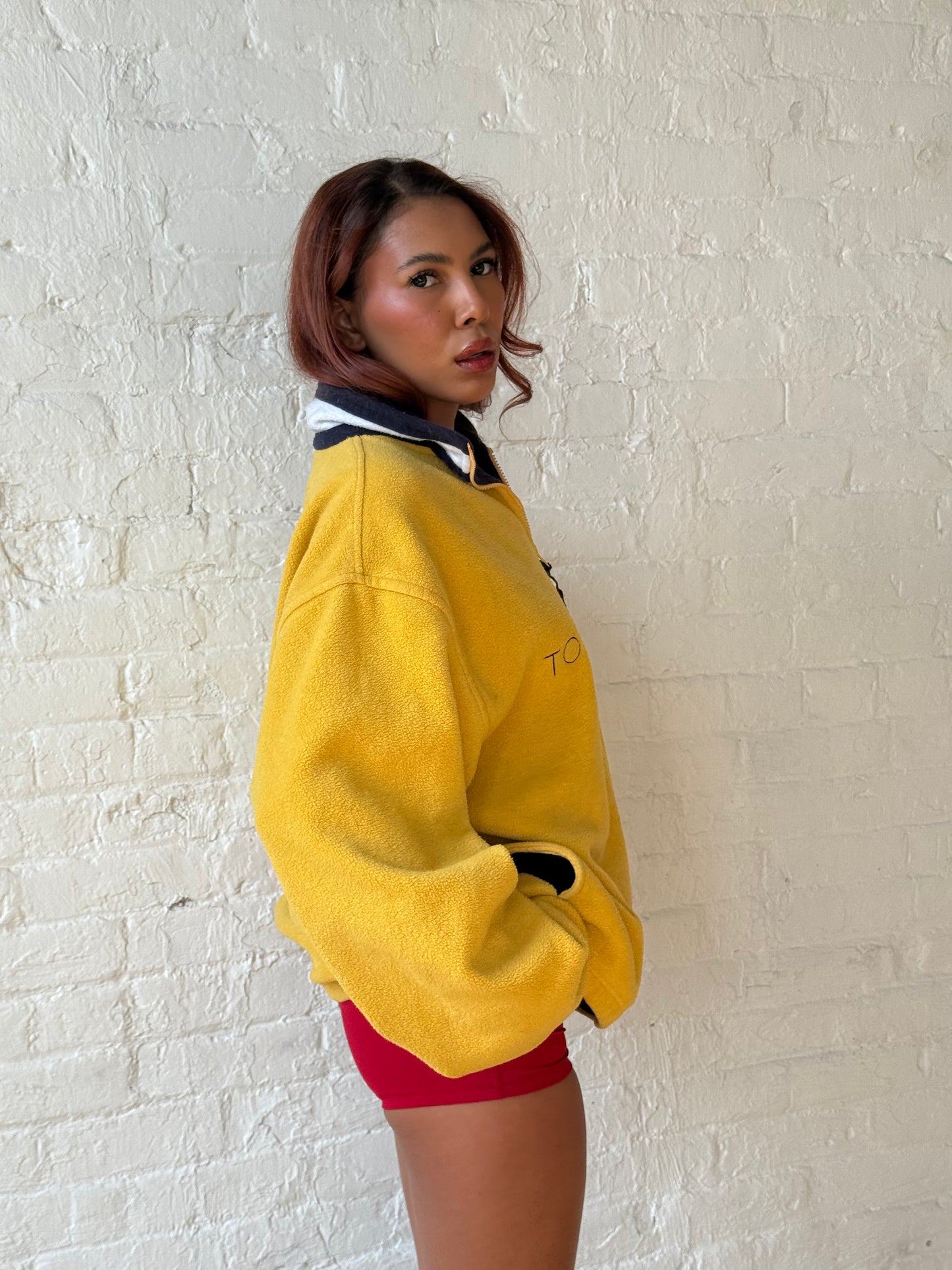 1990s Tommy Hilfiger Yellow Quarter Zip Fleece - Oversized Logo Pullover