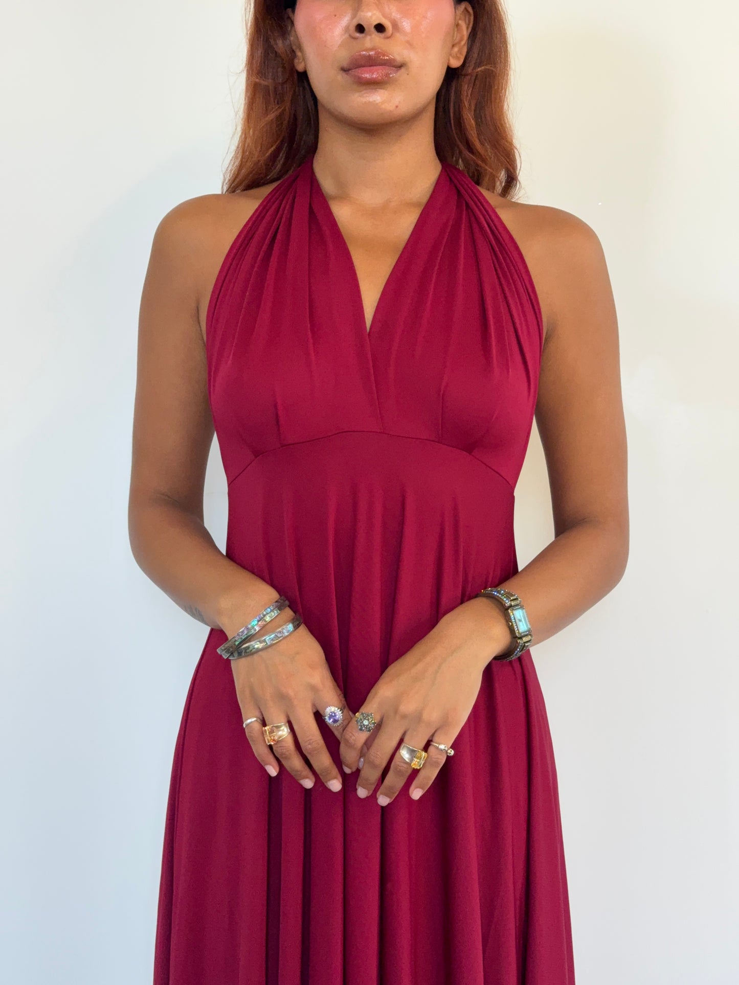 Vintage Deep Crimson Backless Halter Gown with Dramatic Drape Train