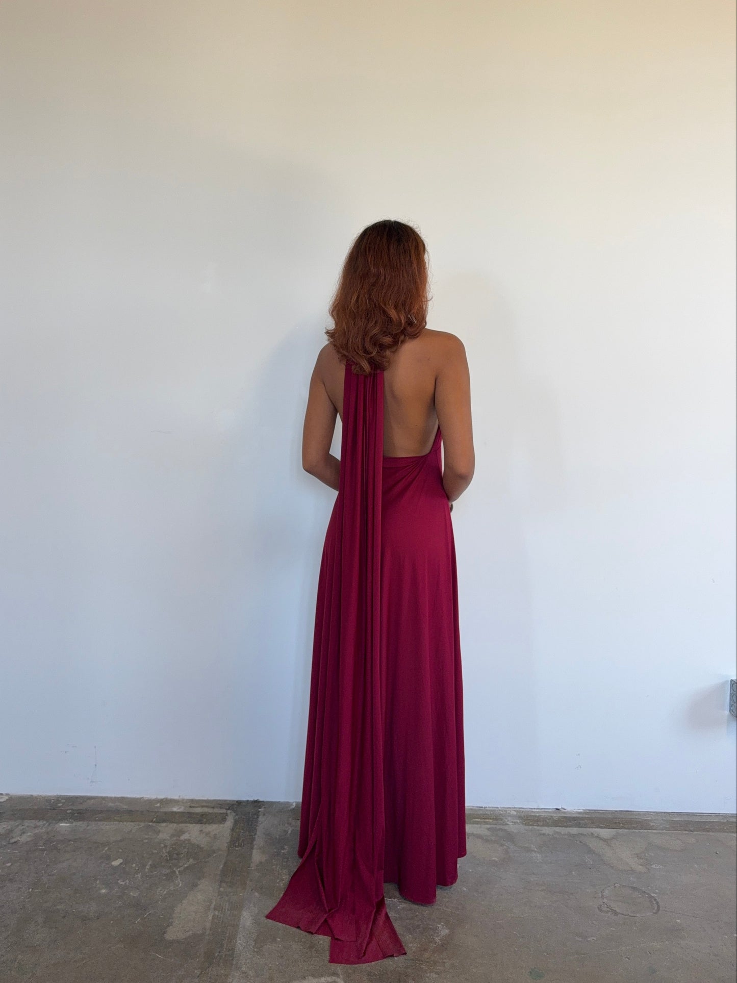 Vintage Deep Crimson Backless Halter Gown with Dramatic Drape Train