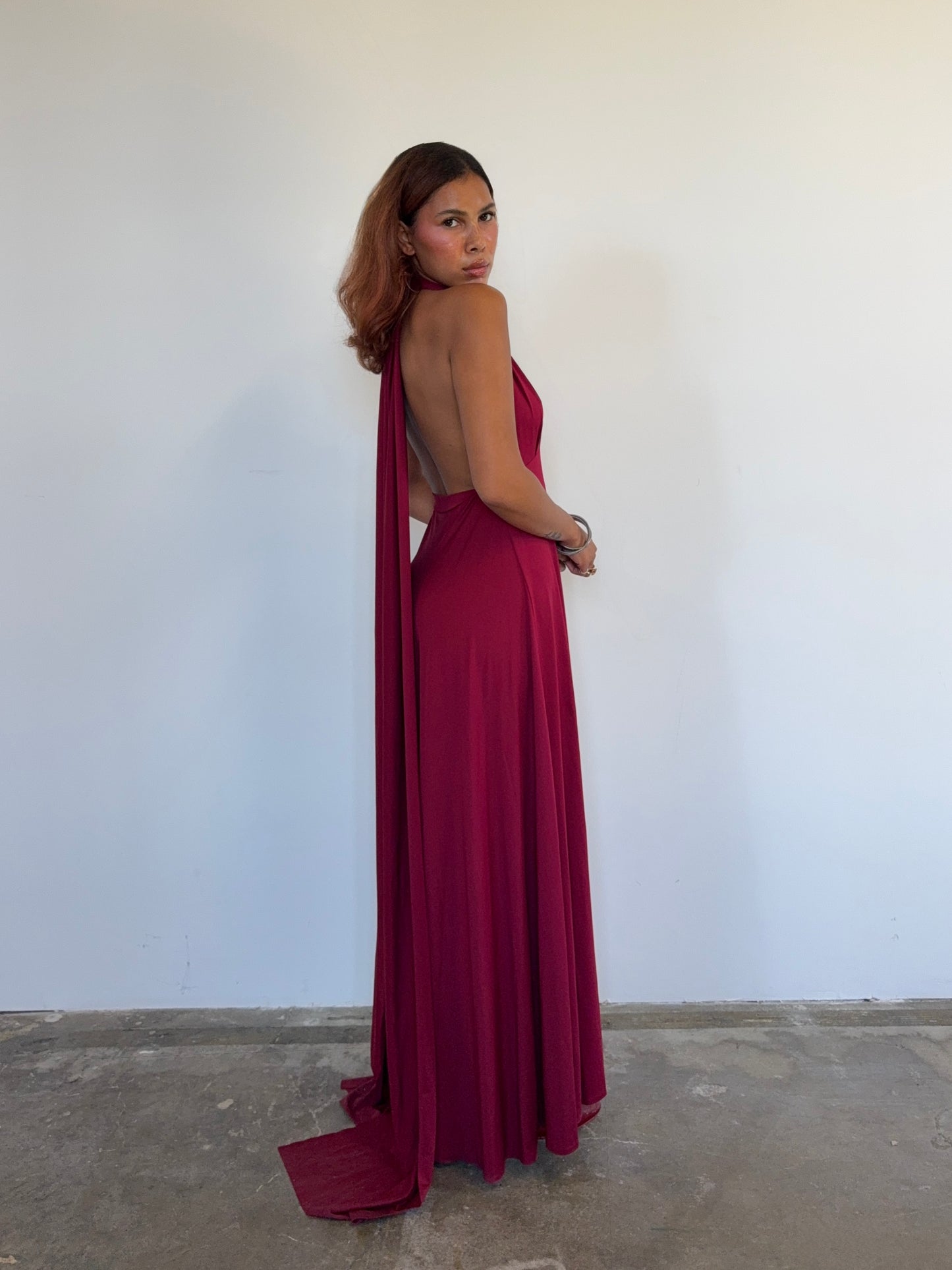 Vintage Deep Crimson Backless Halter Gown with Dramatic Drape Train