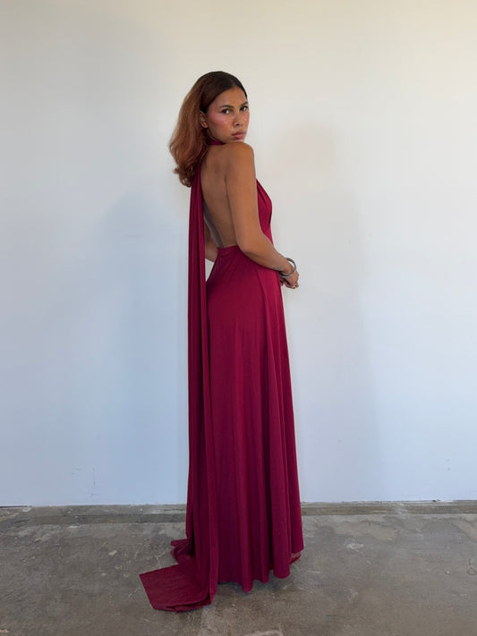 Vintage Deep Crimson Backless Halter Gown with Dramatic Drape Train