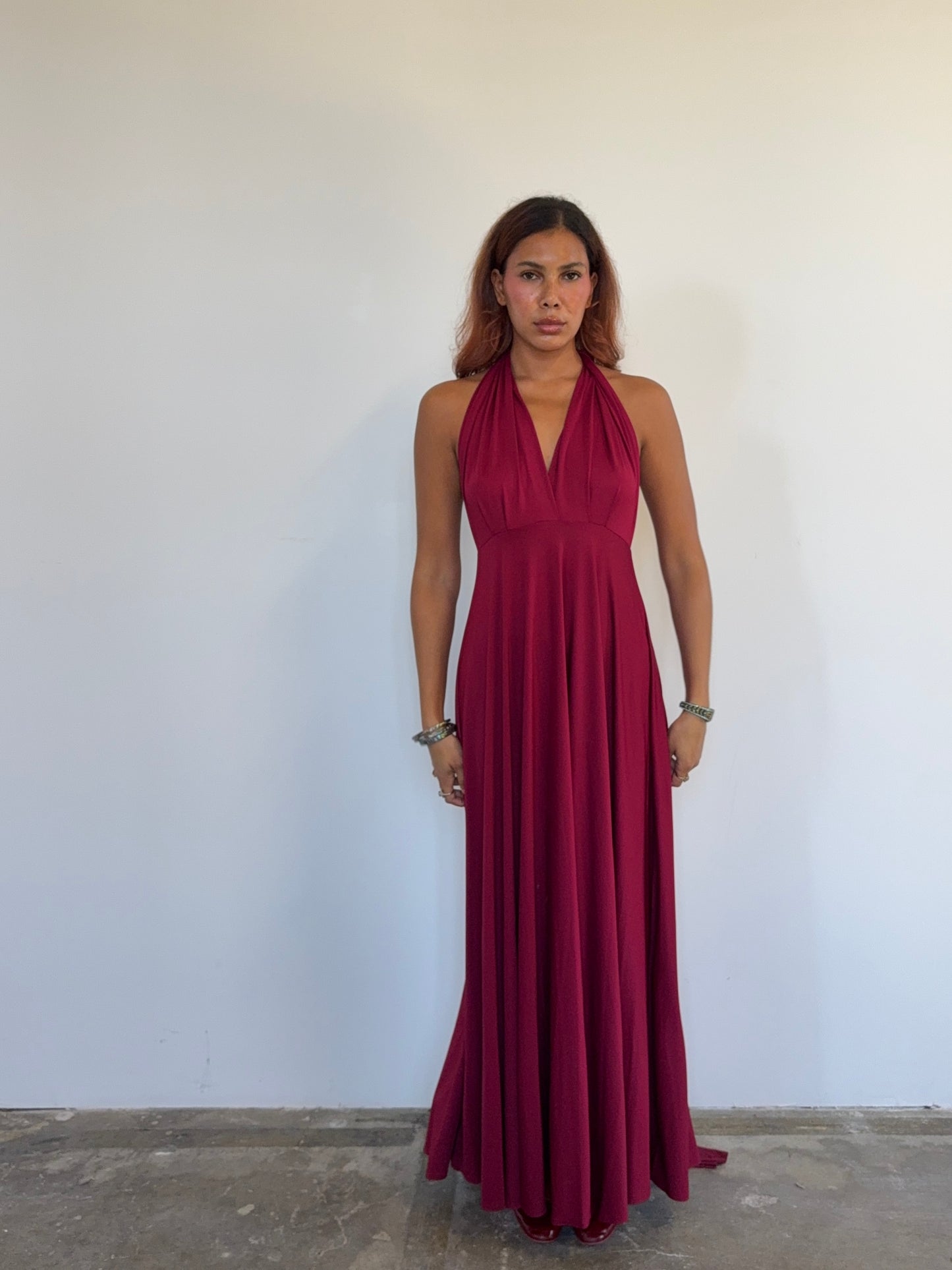 Vintage Deep Crimson Backless Halter Gown with Dramatic Drape Train