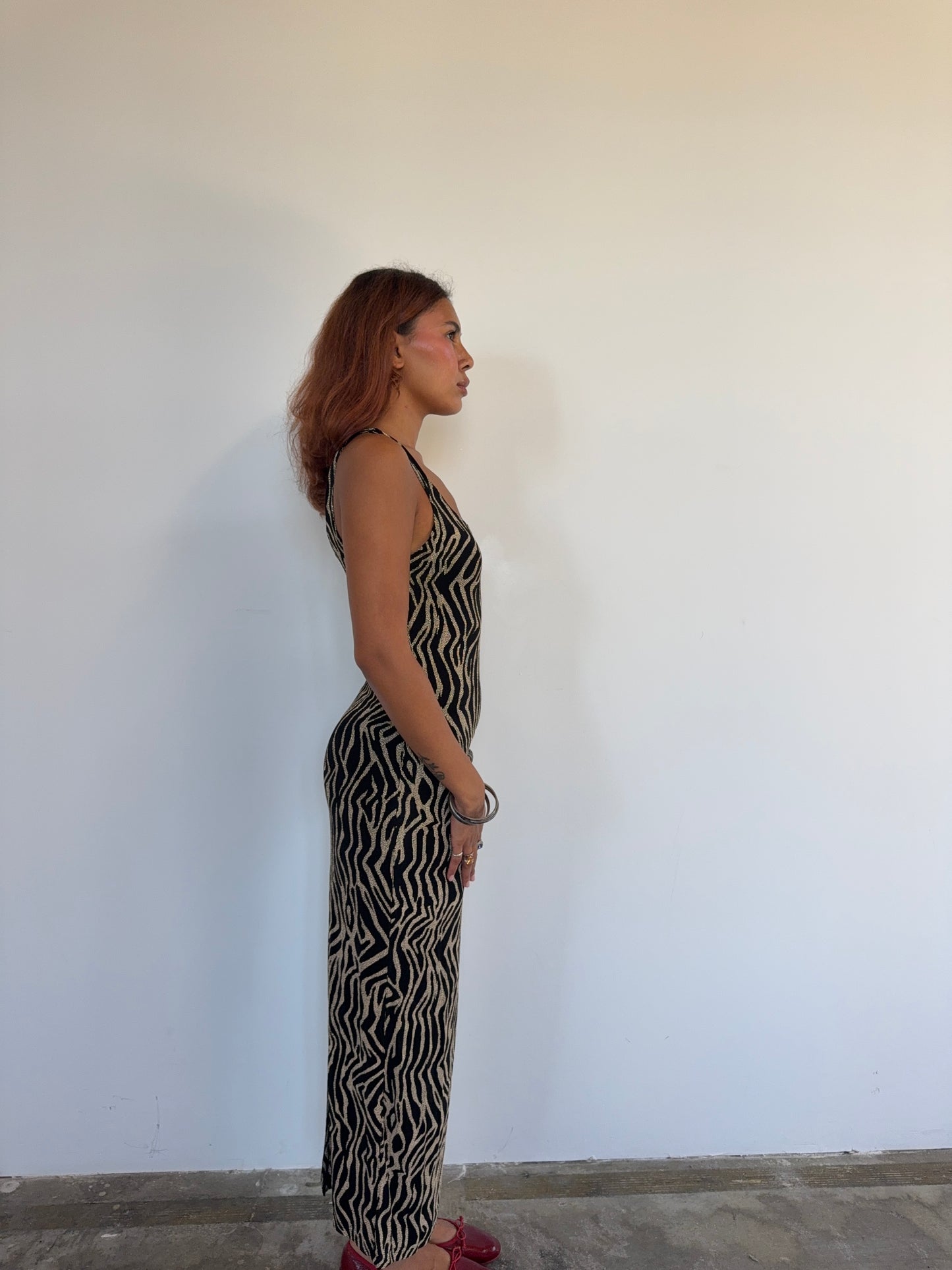 Vintage Black & Gold Zebra Knit Evening Dress
