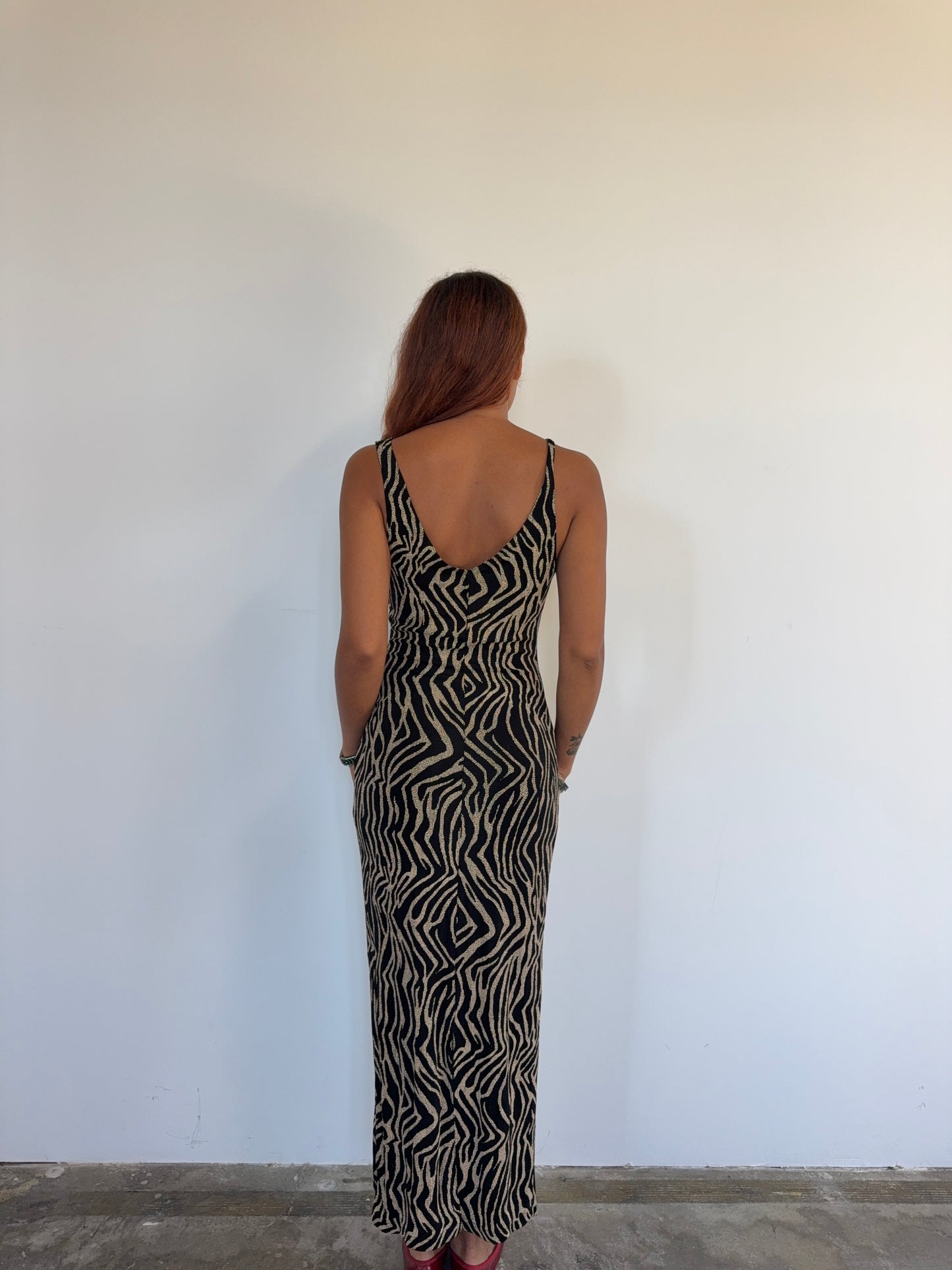 Vintage Black & Gold Zebra Knit Evening Dress