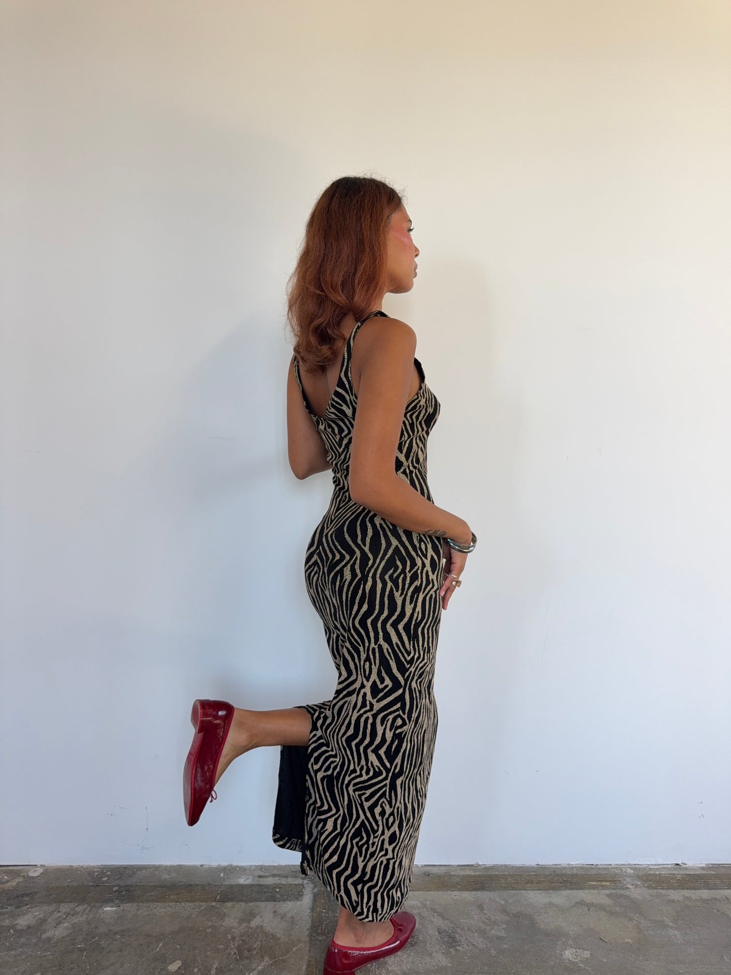 Vintage Black & Gold Zebra Knit Evening Dress