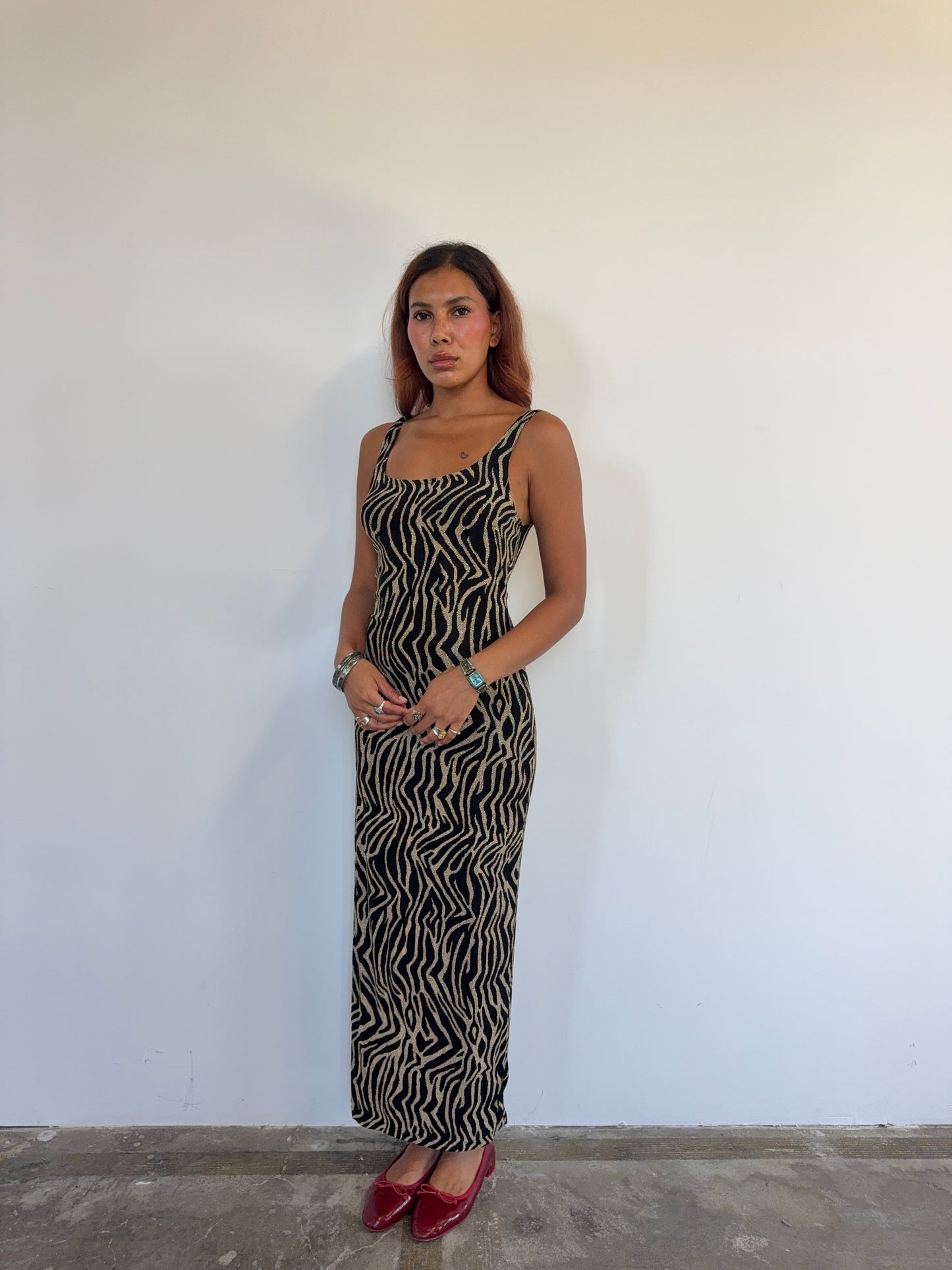 Vintage Black & Gold Zebra Knit Evening Dress