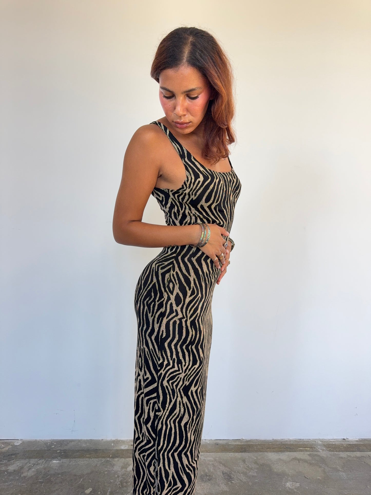 Vintage Black & Gold Zebra Knit Evening Dress