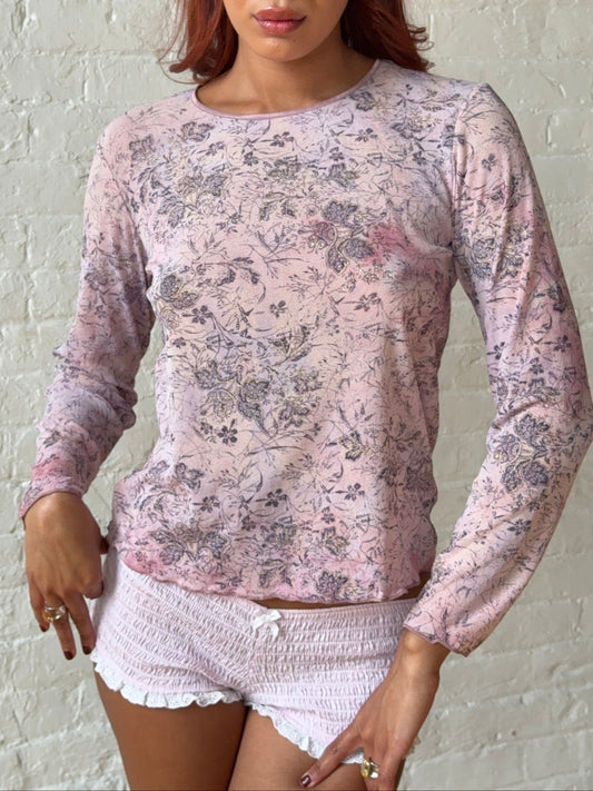 Y2K Sheer Pink Floral Mesh Top