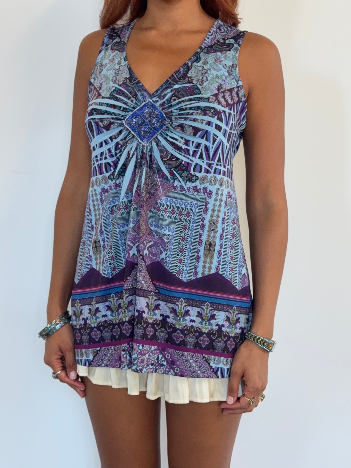 Vintage Beaded Medallion Print Tunic Top