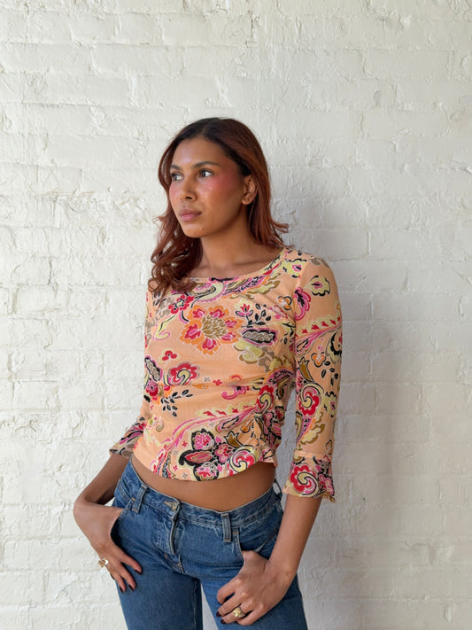Vintage Y2K Etcetera Sheer Paisley Mesh Bell Sleeve Top