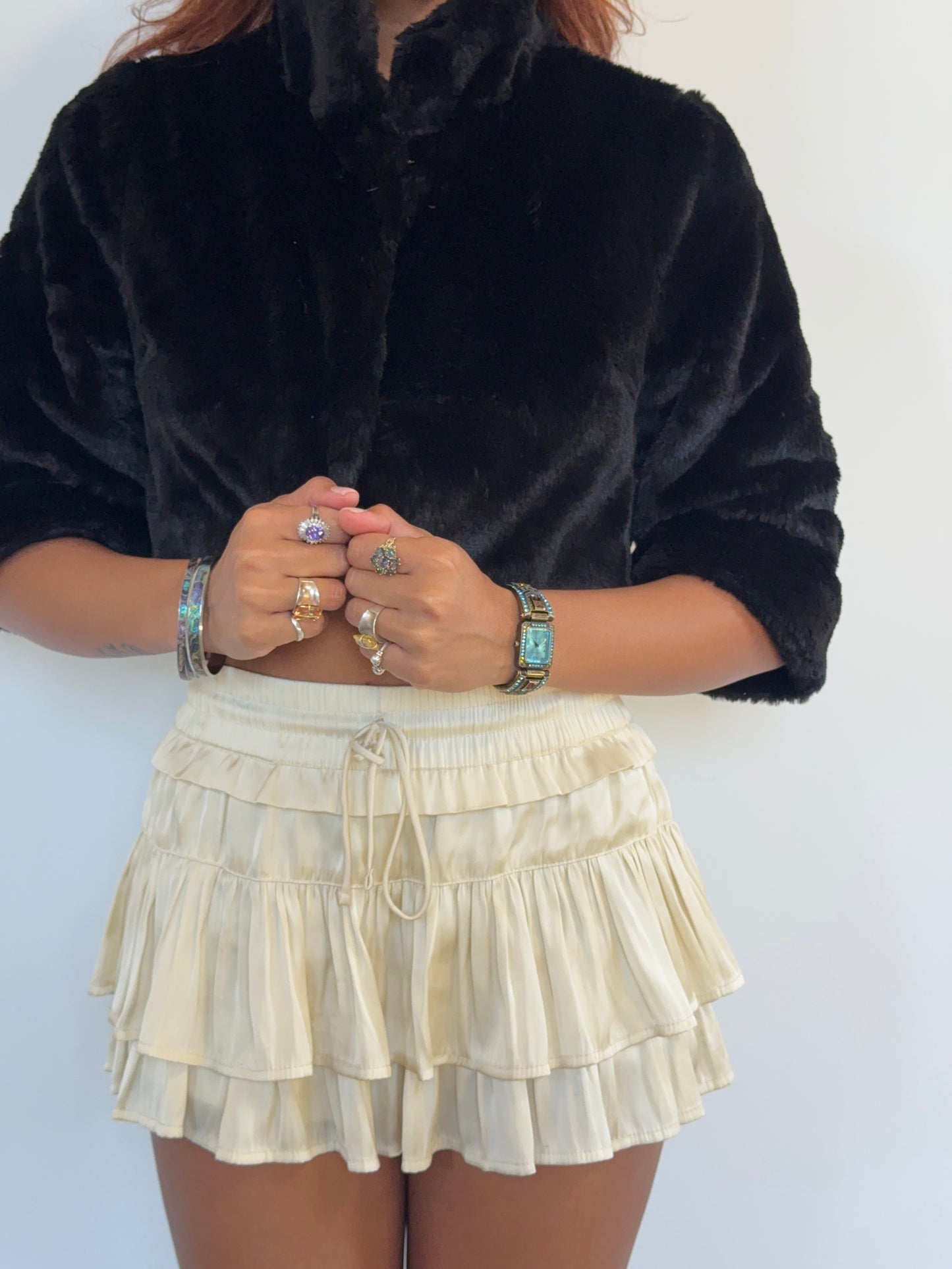 Vintage Black Faux Fur Cropped Jacket Bolero 90s Evening Coat