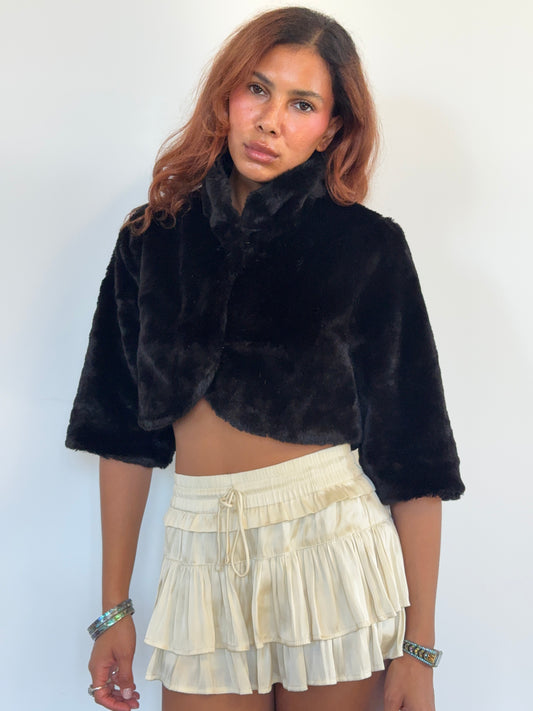 Vintage Black Faux Fur Cropped Jacket Bolero 90s Evening Coat