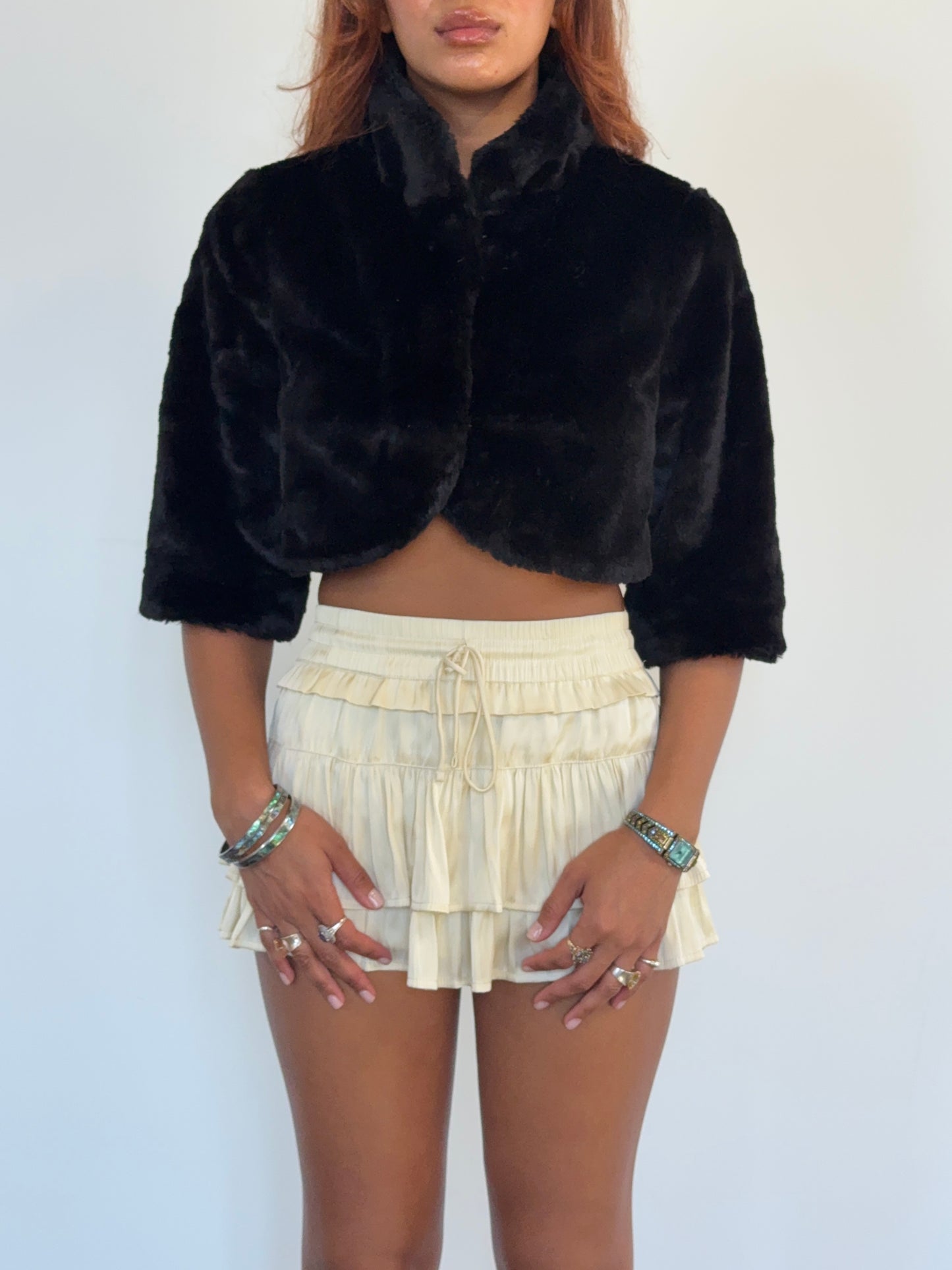 Vintage Black Faux Fur Cropped Jacket Bolero 90s Evening Coat