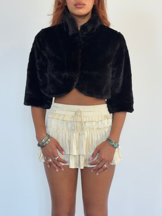 Vintage Black Faux Fur Cropped Jacket Bolero 90s Evening Coat