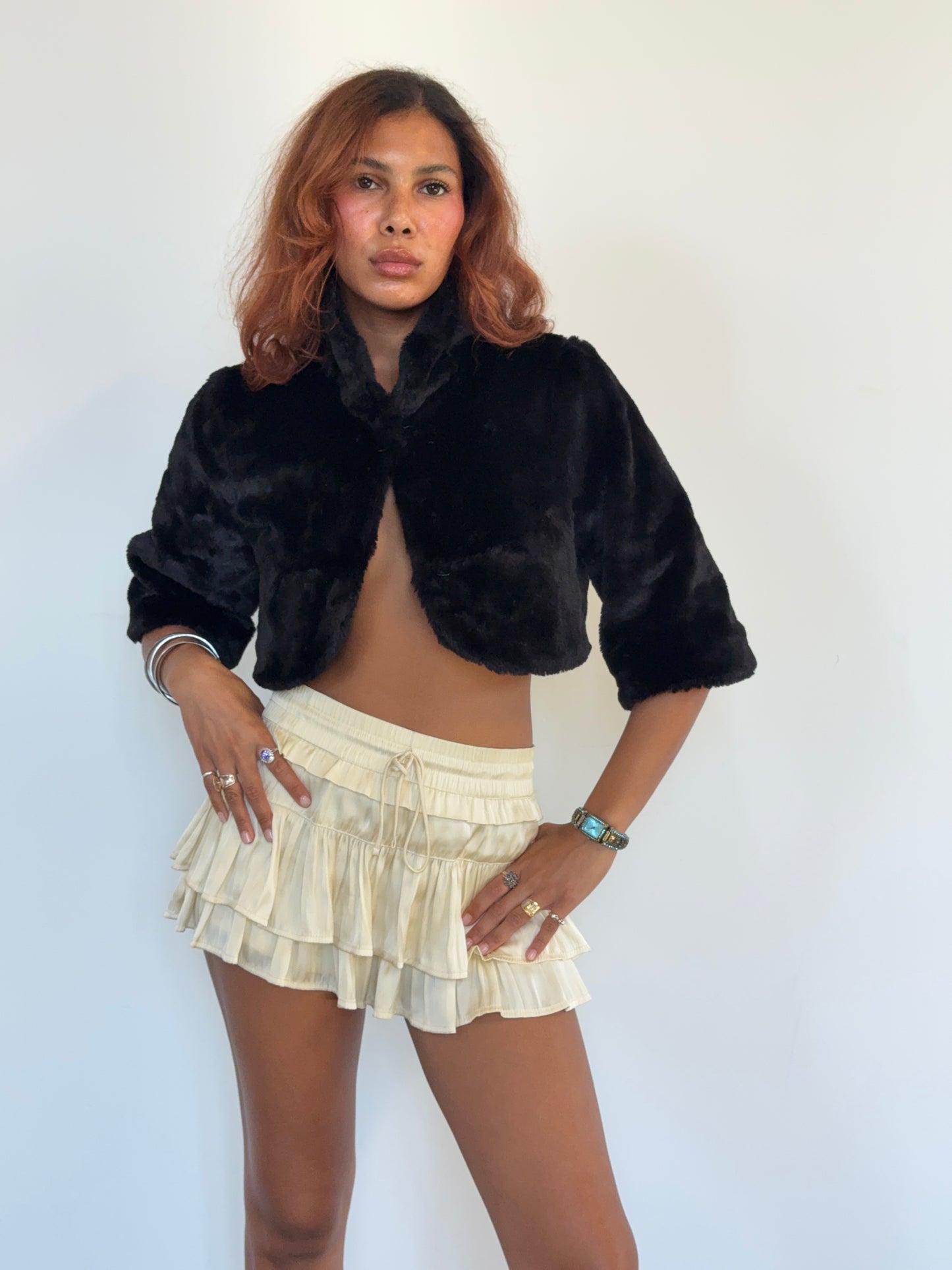 Vintage Black Faux Fur Cropped Jacket Bolero 90s Evening Coat