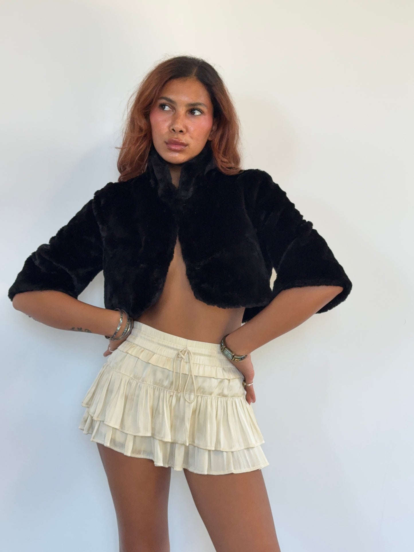 Vintage Black Faux Fur Cropped Jacket Bolero 90s Evening Coat