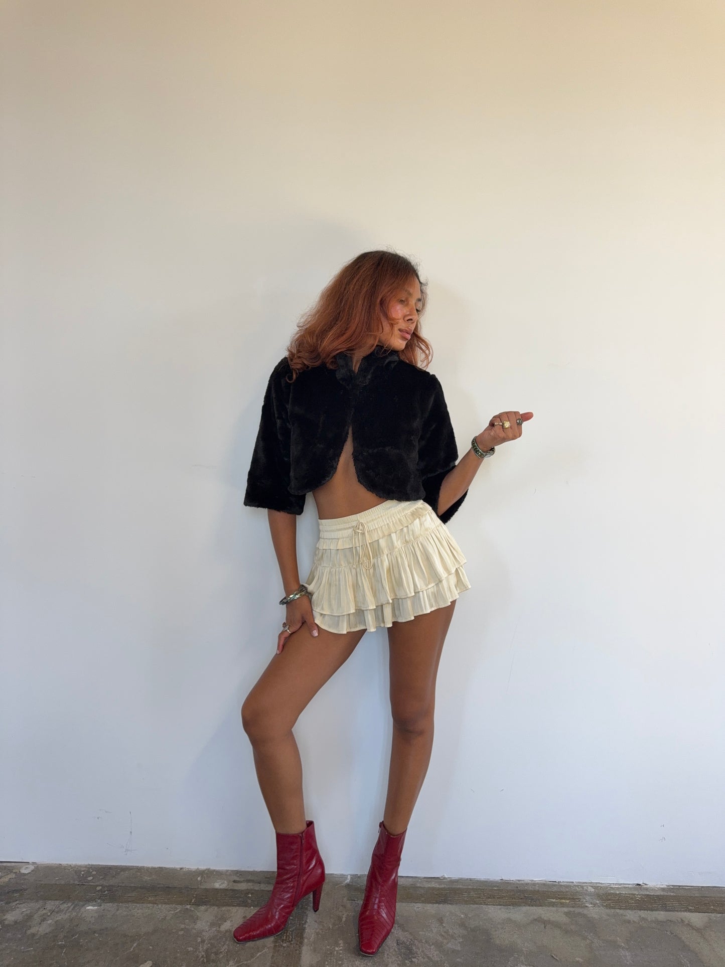 Vintage Black Faux Fur Cropped Jacket Bolero 90s Evening Coat