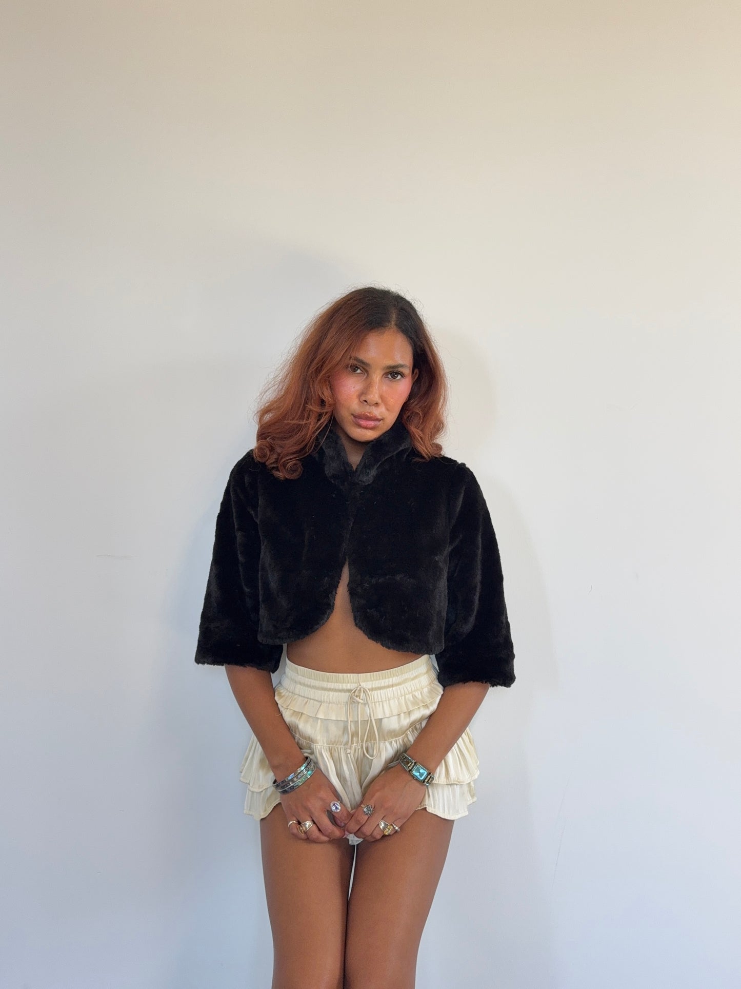 Vintage Black Faux Fur Cropped Jacket Bolero 90s Evening Coat