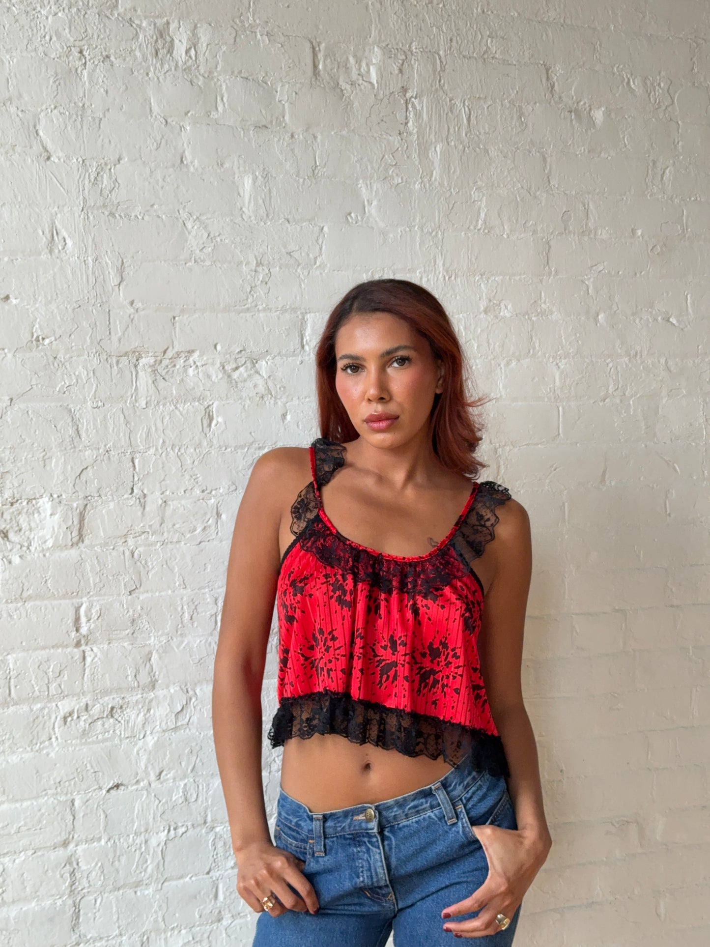2000s Red & Black Lace Ruffle Cami