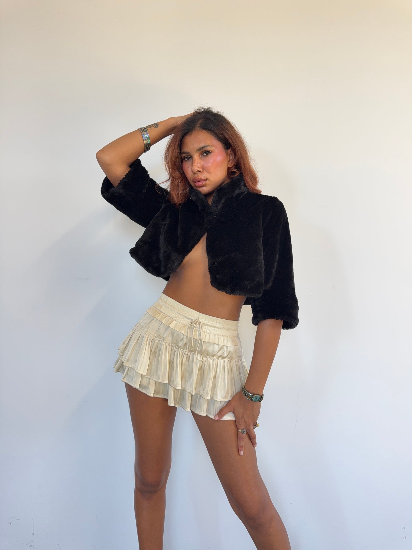 Vintage Black Faux Fur Cropped Jacket Bolero 90s Evening Coat