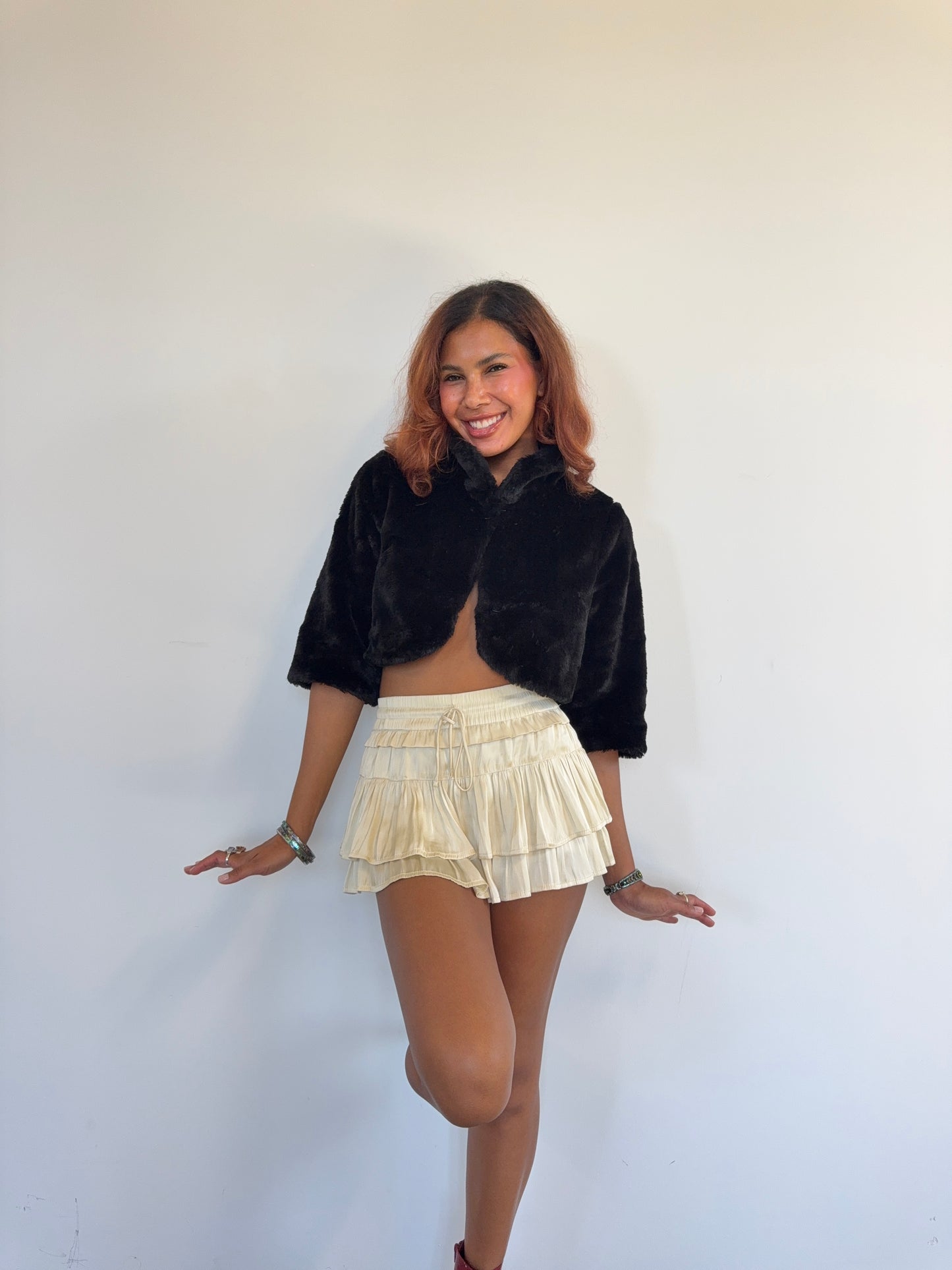 Vintage Black Faux Fur Cropped Jacket Bolero 90s Evening Coat