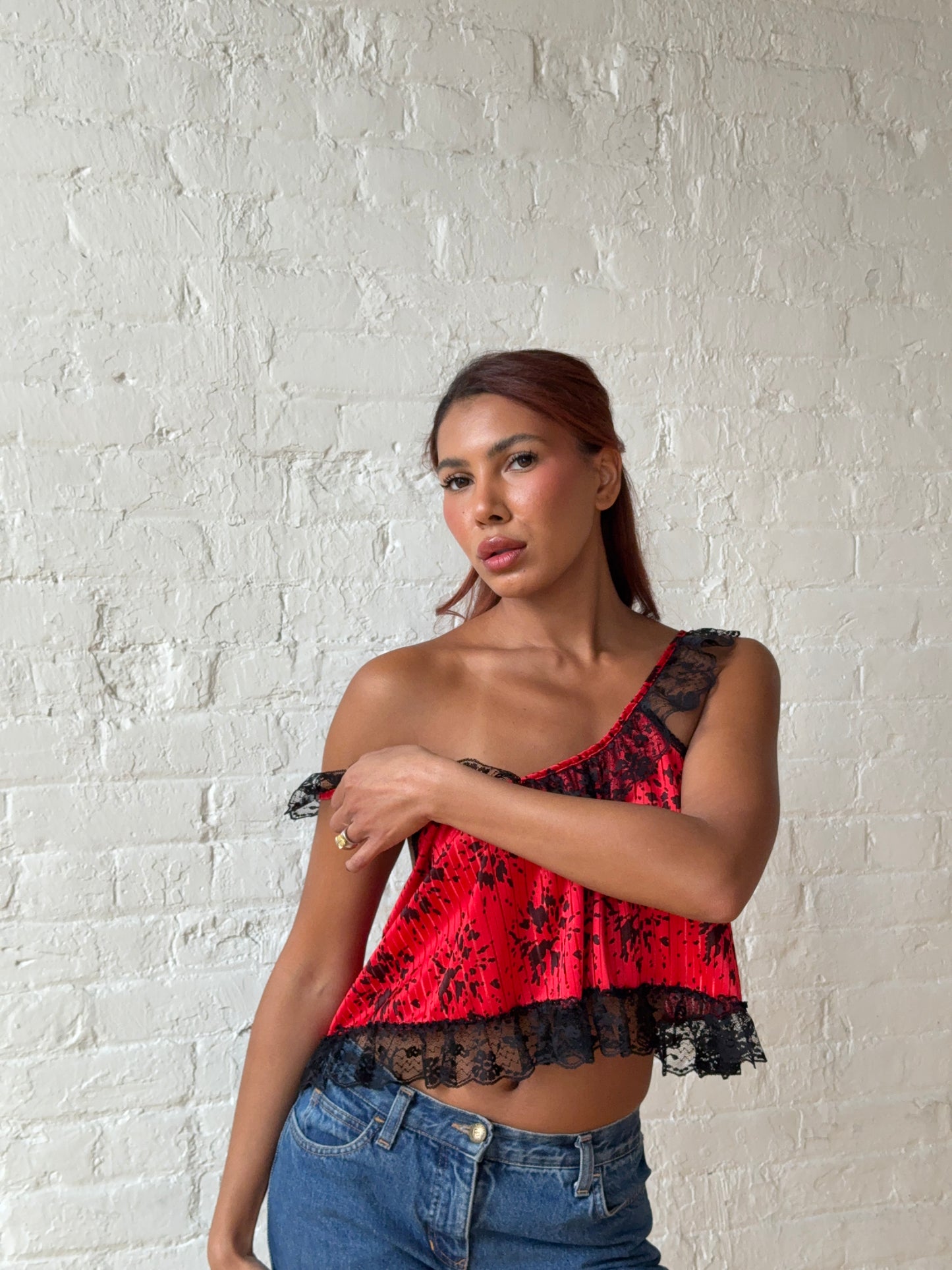 2000s Red & Black Lace Ruffle Cami