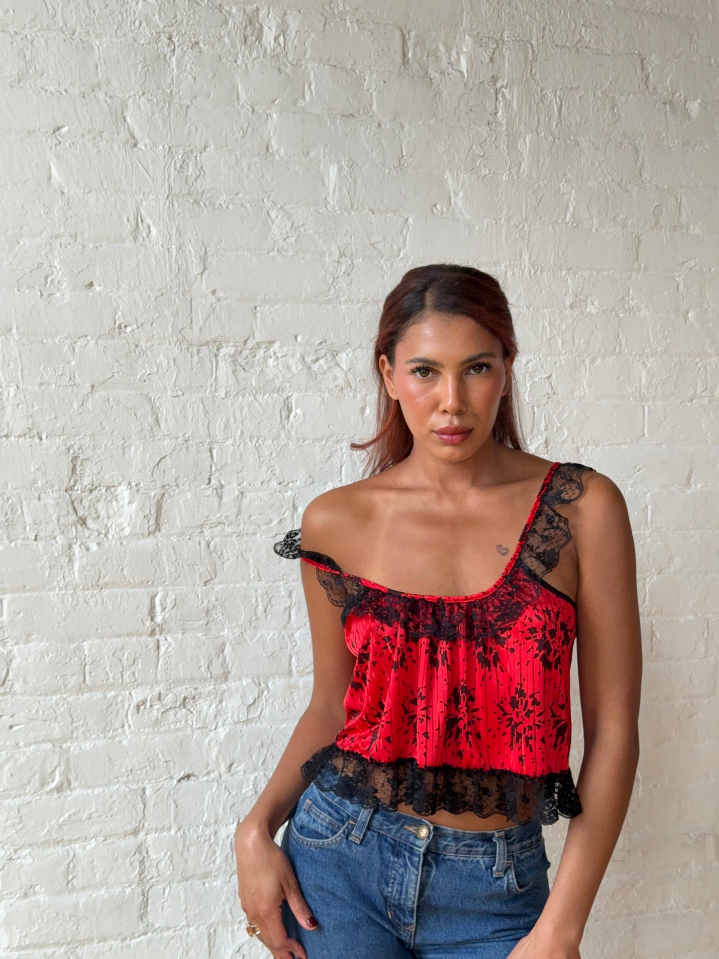 2000s Red & Black Lace Ruffle Cami