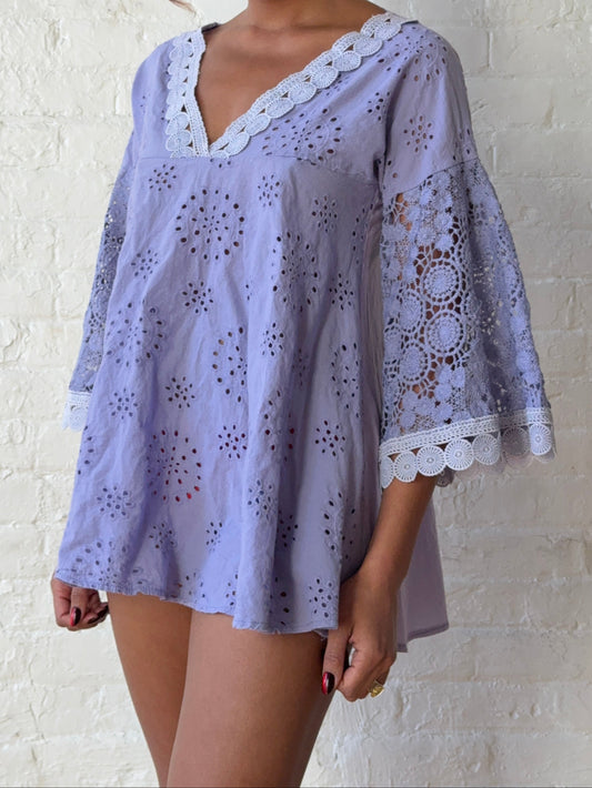 Vintage Lavender Eyelet Lace Babydoll Mini Dress