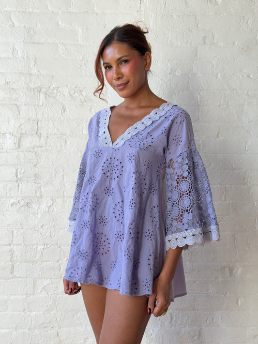 Vintage Lavender Eyelet Lace Babydoll Mini Dress