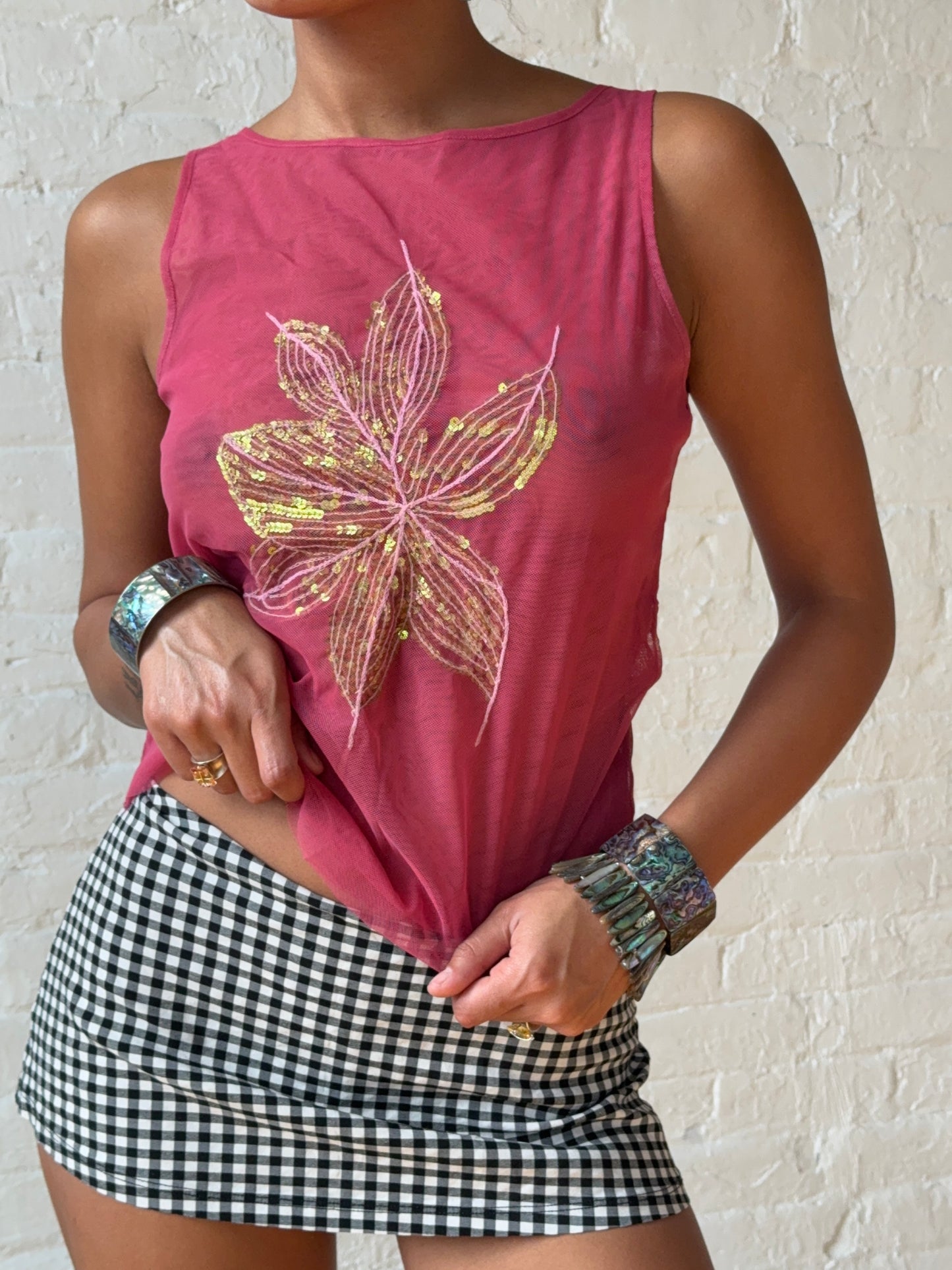 Vintage 2000's Pink Mesh Sequin Floral Tank