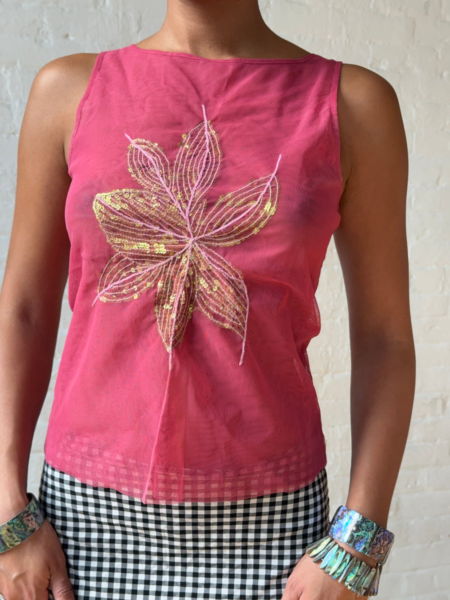 Vintage 2000's Pink Mesh Sequin Floral Tank