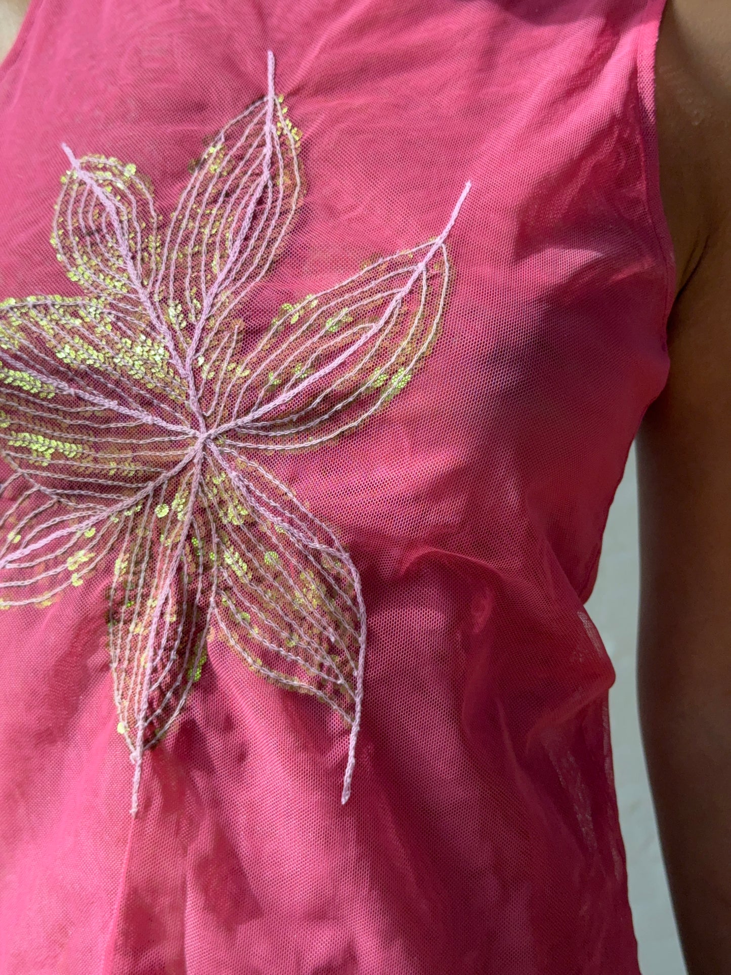 Vintage 2000's Pink Mesh Sequin Floral Tank