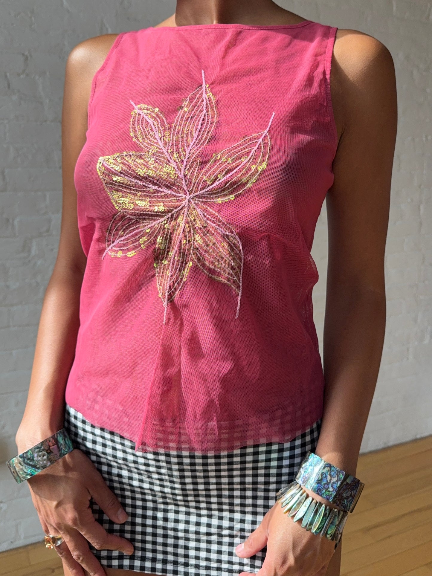 Vintage 2000's Pink Mesh Sequin Floral Tank