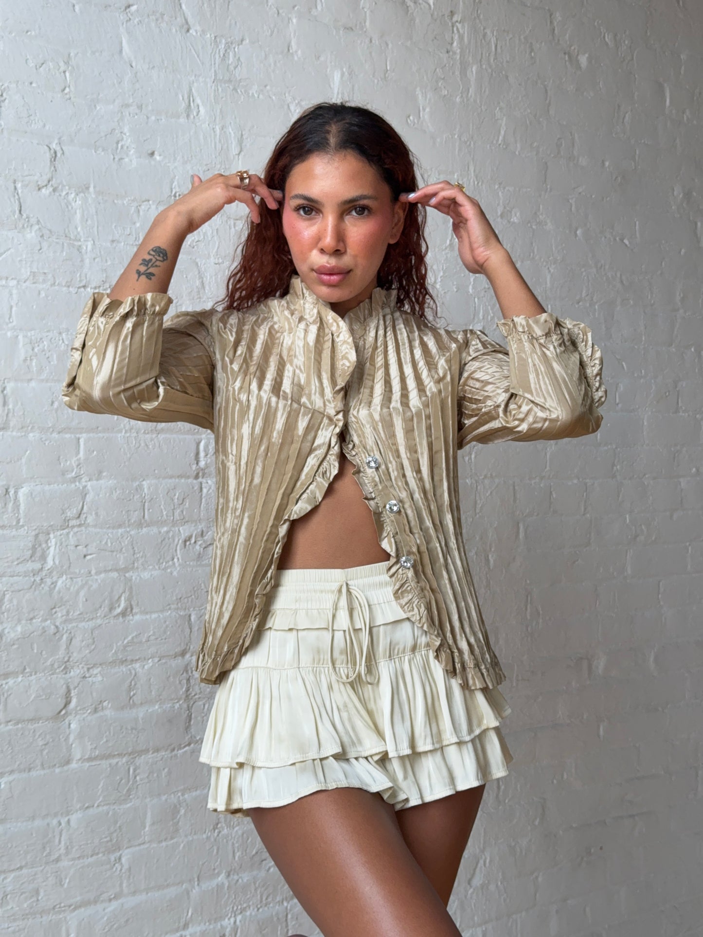 Vintage Y2K Champagne Ruffle Blouse Romantic Fitted Top