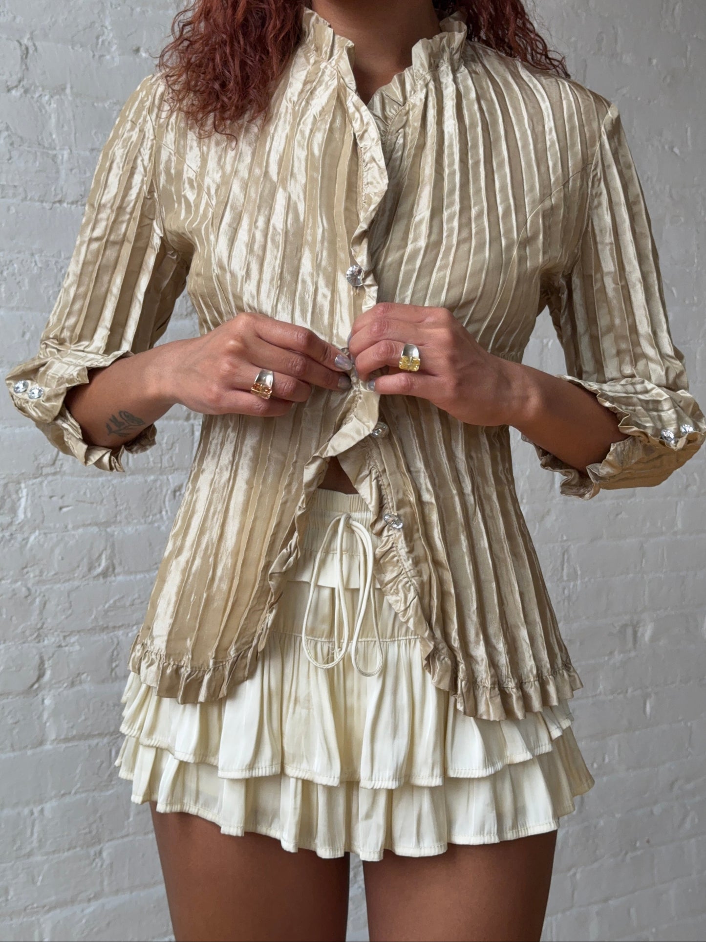 Vintage Y2K Champagne Ruffle Blouse Romantic Fitted Top