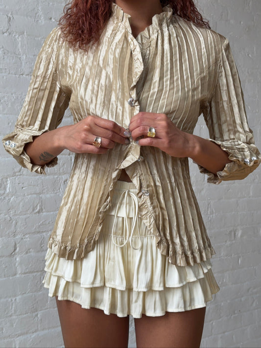 Vintage Y2K Champagne Ruffle Blouse Romantic Fitted Top