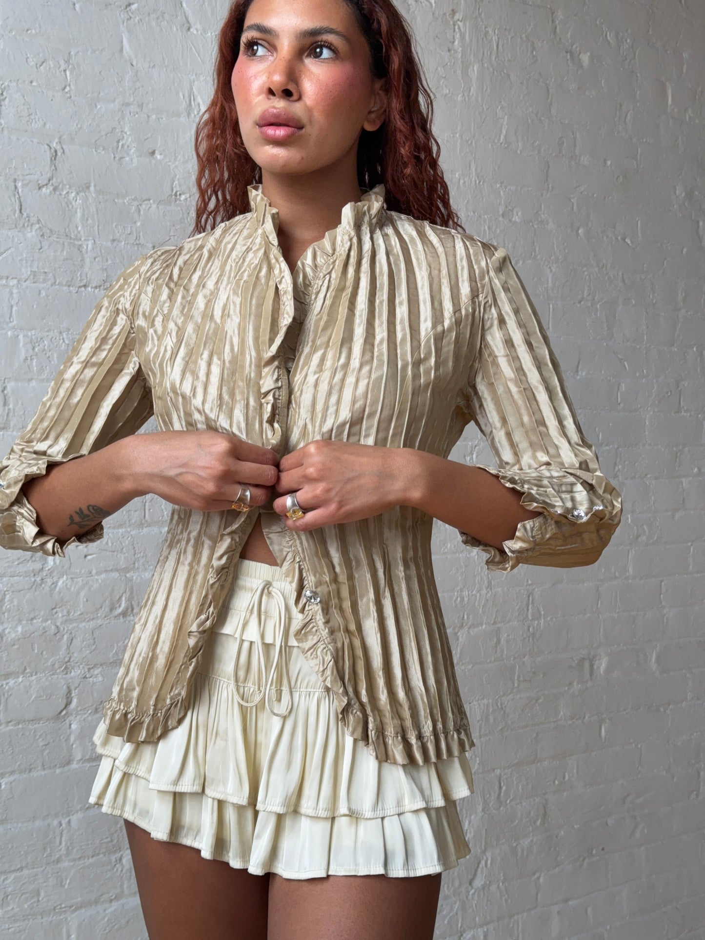 Vintage Y2K Champagne Ruffle Blouse Romantic Fitted Top