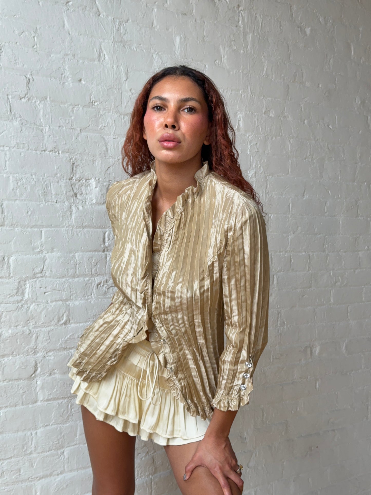 Vintage Y2K Champagne Ruffle Blouse Romantic Fitted Top