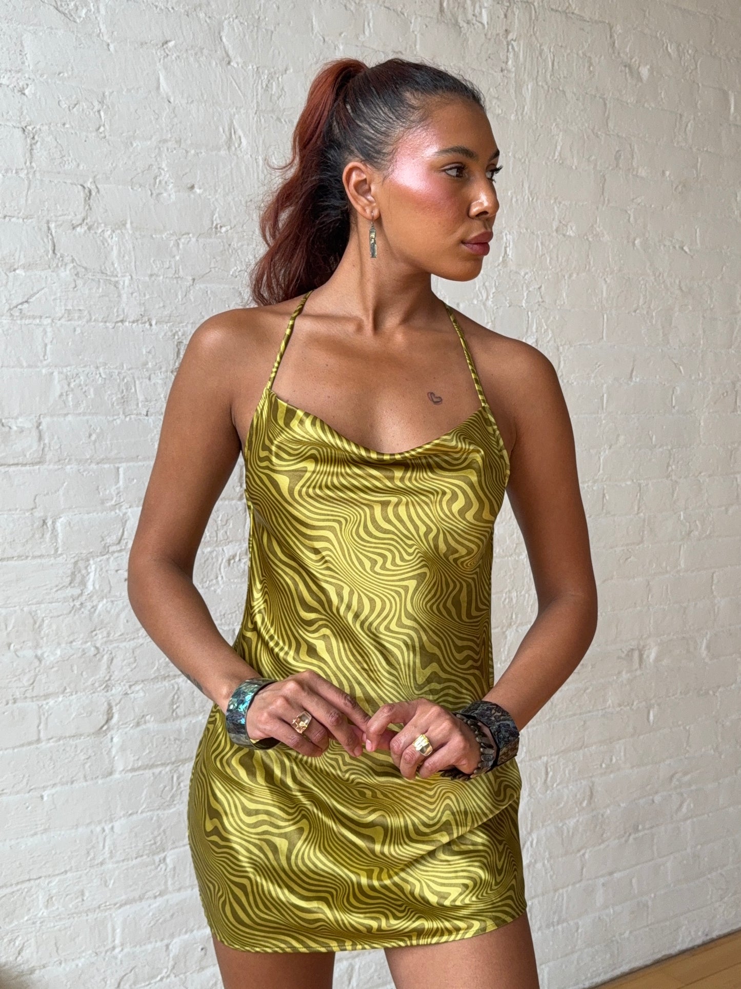 Vintage 2000s Green Zebra Swirl Satin Cowl Mini Dress