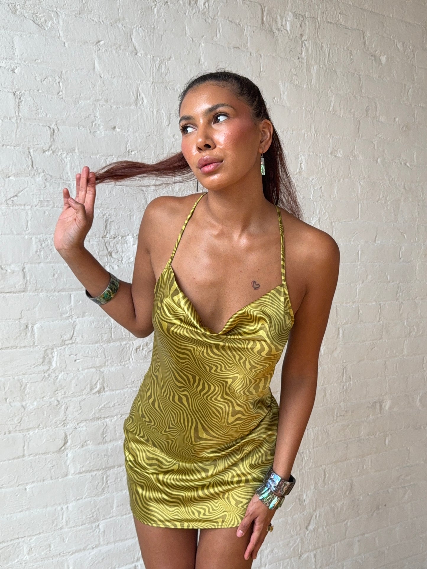 Vintage 2000s Green Zebra Swirl Satin Cowl Mini Dress