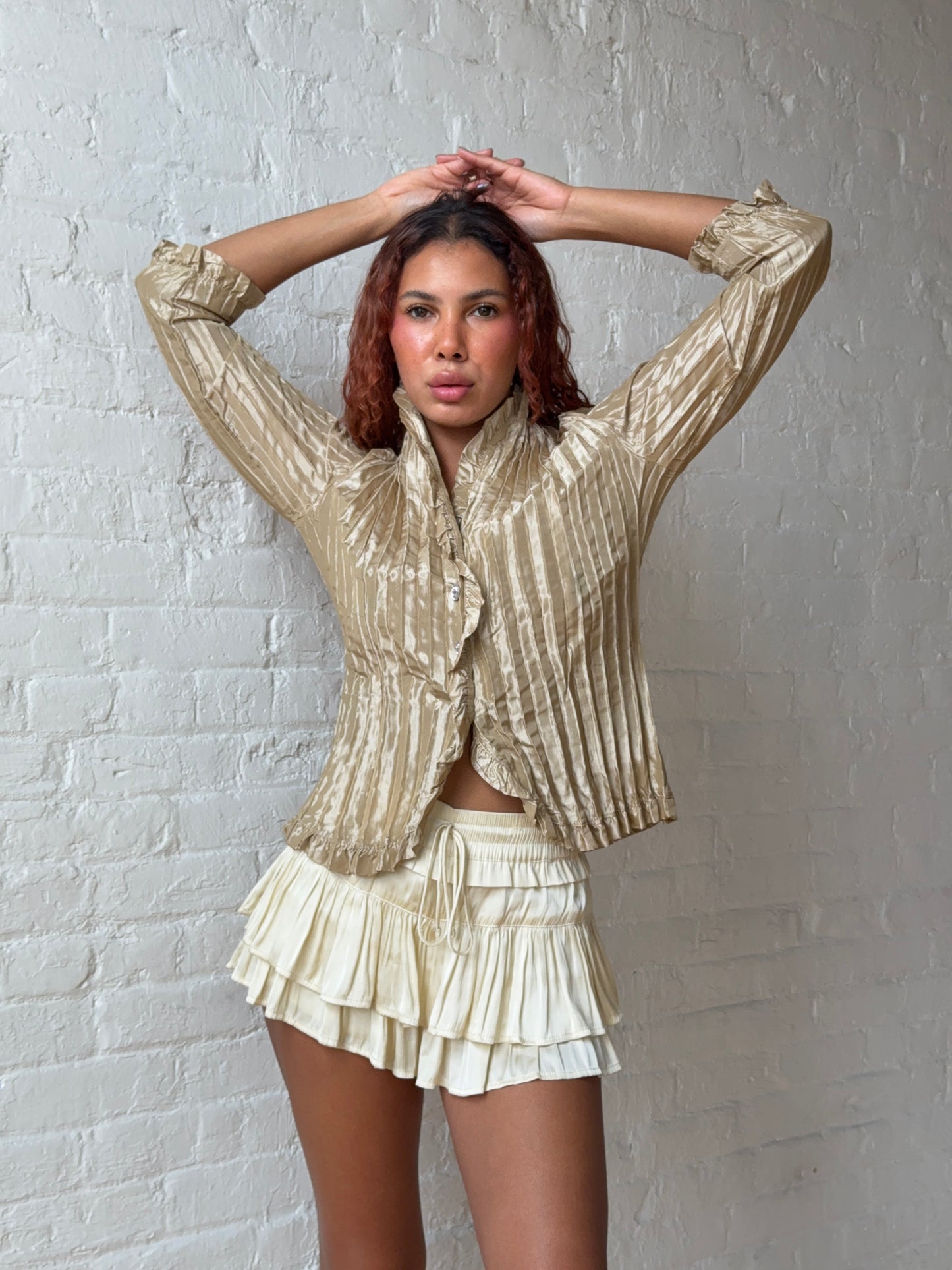 Vintage Y2K Champagne Ruffle Blouse Romantic Fitted Top