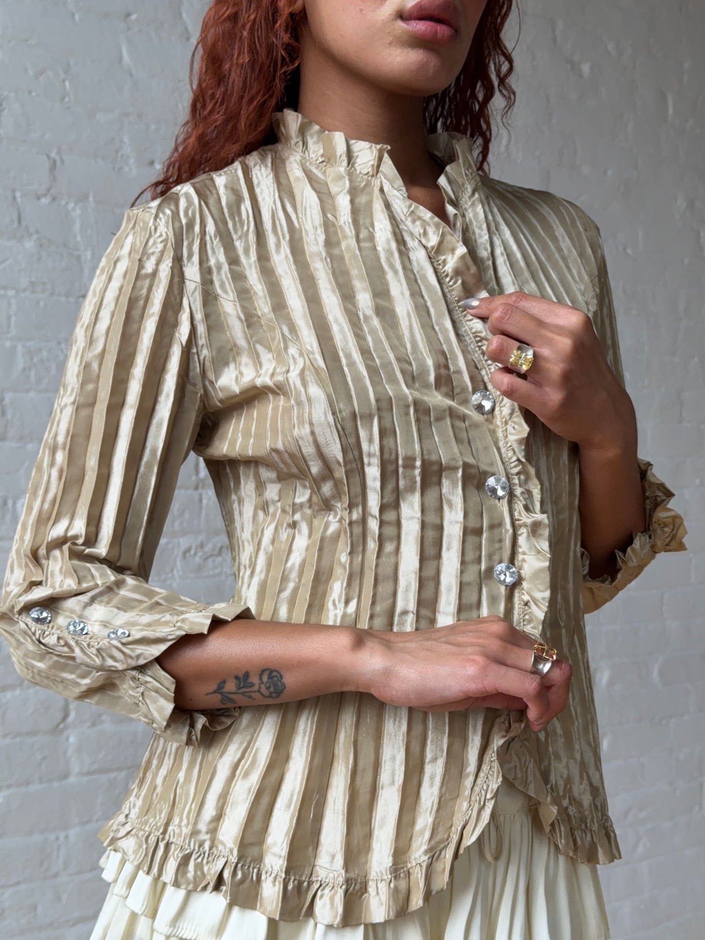Vintage Y2K Champagne Ruffle Blouse Romantic Fitted Top