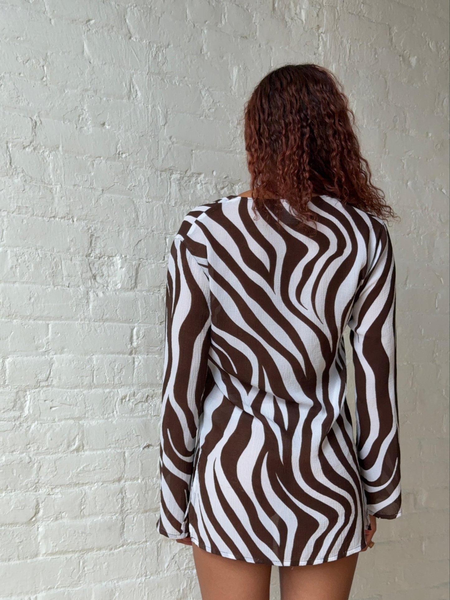 Vintage 90s Brown Zebra Sheer Mini Dress | Abstract Animal Print Tunic